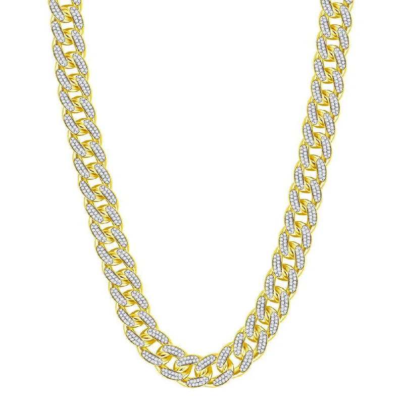 10kt Yellow Gold Mens Round Diamond Cuban Link Chain Necklace 13-1/5 Cttw