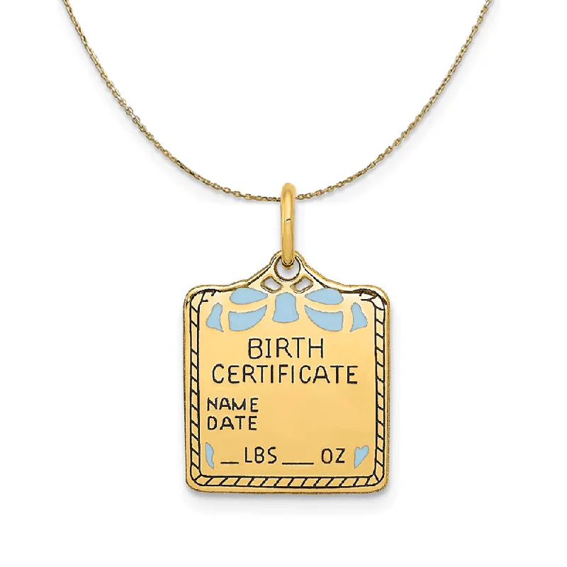 14k Yellow Gold Blue Enamel Birth Certificate (15m) Necklace