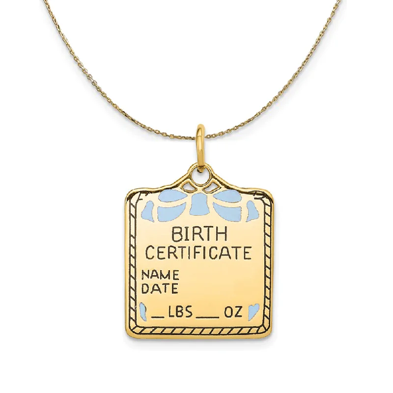 14k Yellow Gold Blue Enamel Birth Certificate (21m) Necklace