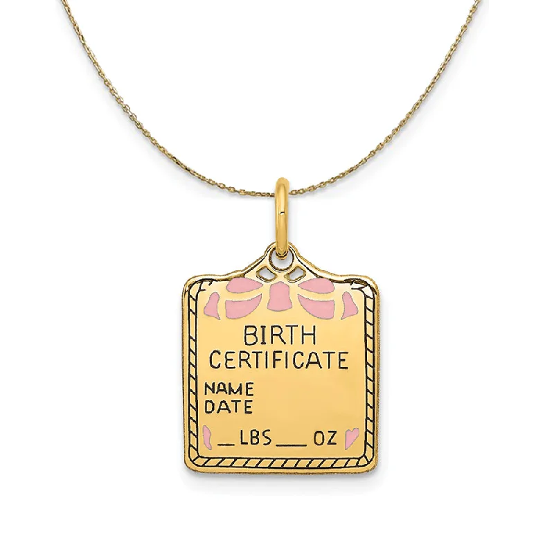 14k Yellow Gold Pink Enamel Birth Certificate (15m) Necklace