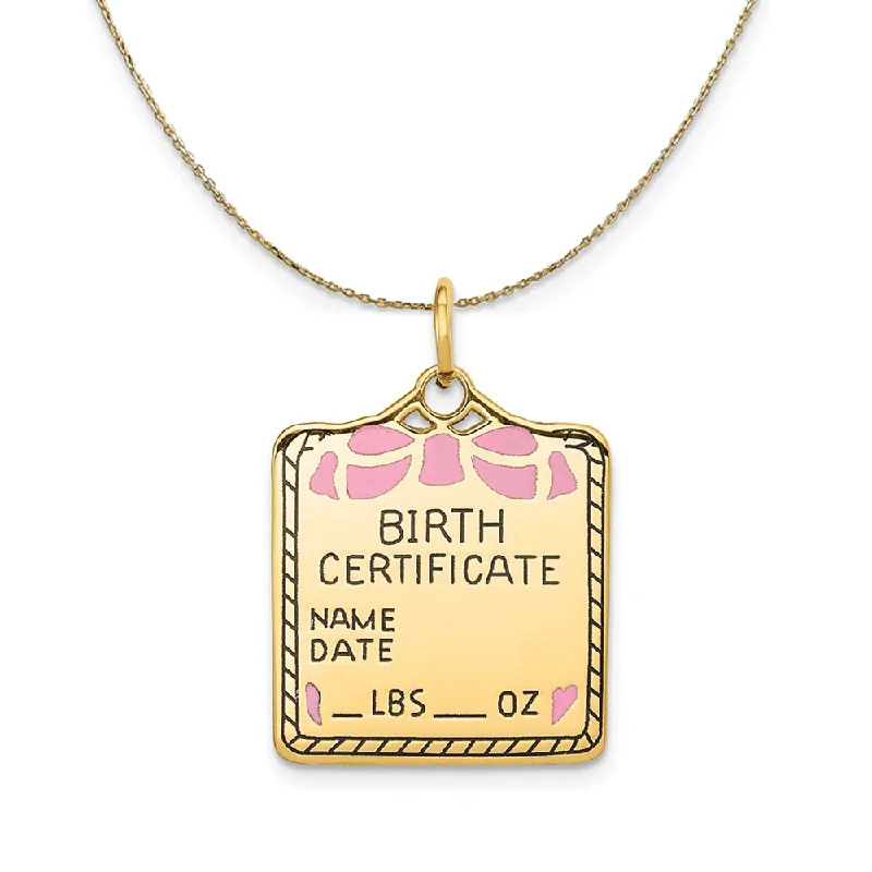 14k Yellow Gold Pink Enamel Birth Certificate (21m) Necklace