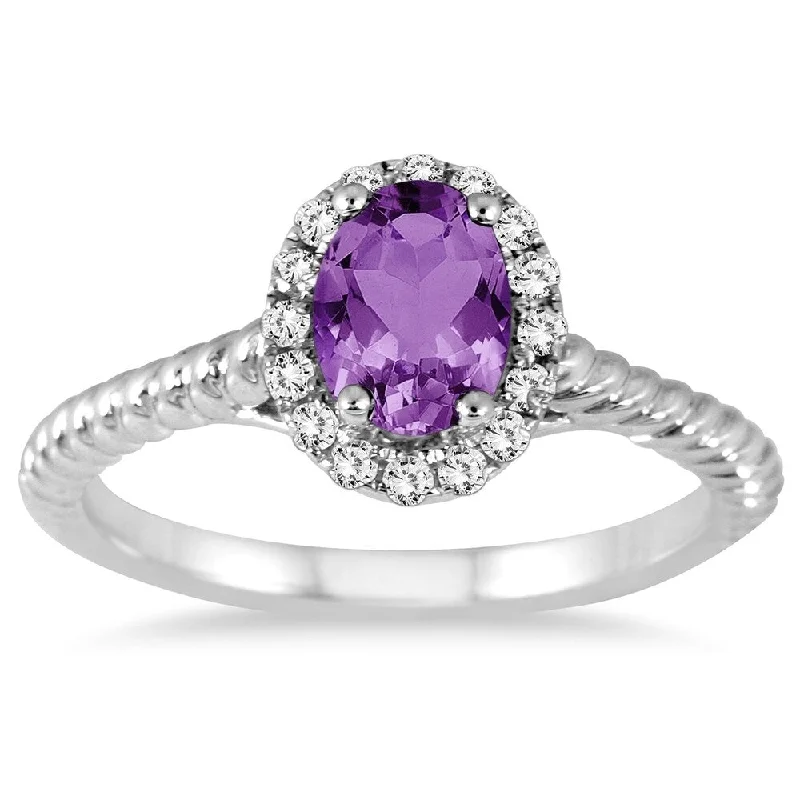 1 Carat Amethyst and Diamond Halo Rope Ring in 10K White Gold