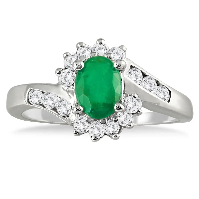 1 Carat Emerald and Diamond Flower Twist Ring in 14K White Gold