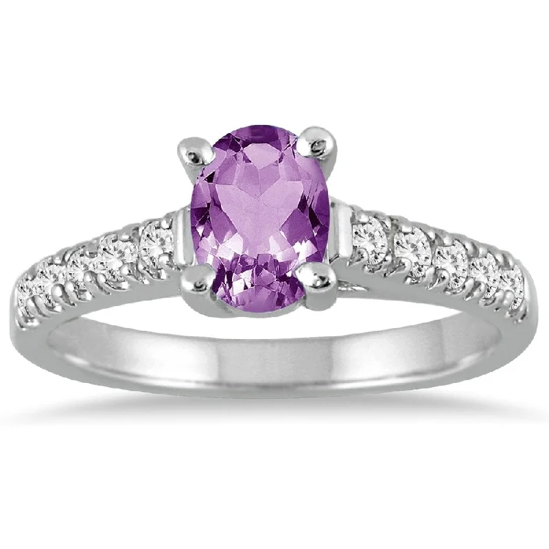 1 Carat Oval Amethyst and Diamond Ring in 14K White Gold