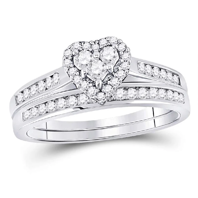 10kt White Gold Diamond Heart Bridal Wedding Ring Band Set 1/2 Cttw Size 5