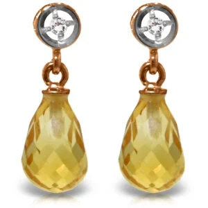 14K Solid Rose Gold Diamond & Citrine Real Earrings