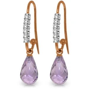 14K Solid Rose Gold Fish Hook Diamond & Amethyst Earrings Jewelry