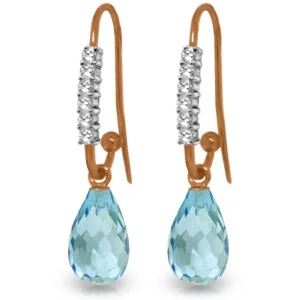 14K Solid Rose Gold Fish Hook Diamond & Blue Topaz Earrings Jewelry