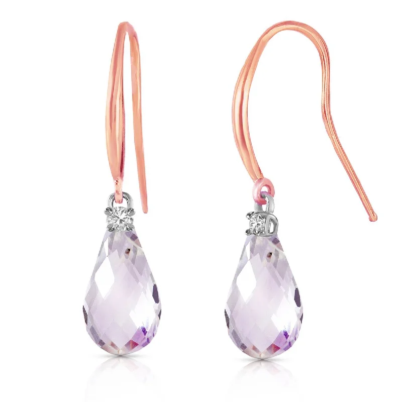 14K Solid Rose Gold Fish Hook Diamond & Pink Topaz Earrings