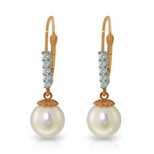 14K Solid Rose Gold Leverback Earrings Natural Diamond & Pearl Jewelry