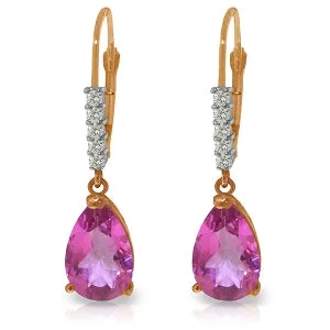 14K Solid Rose Gold Leverback Earrings Natural Diamond & Pink Topaz Certified