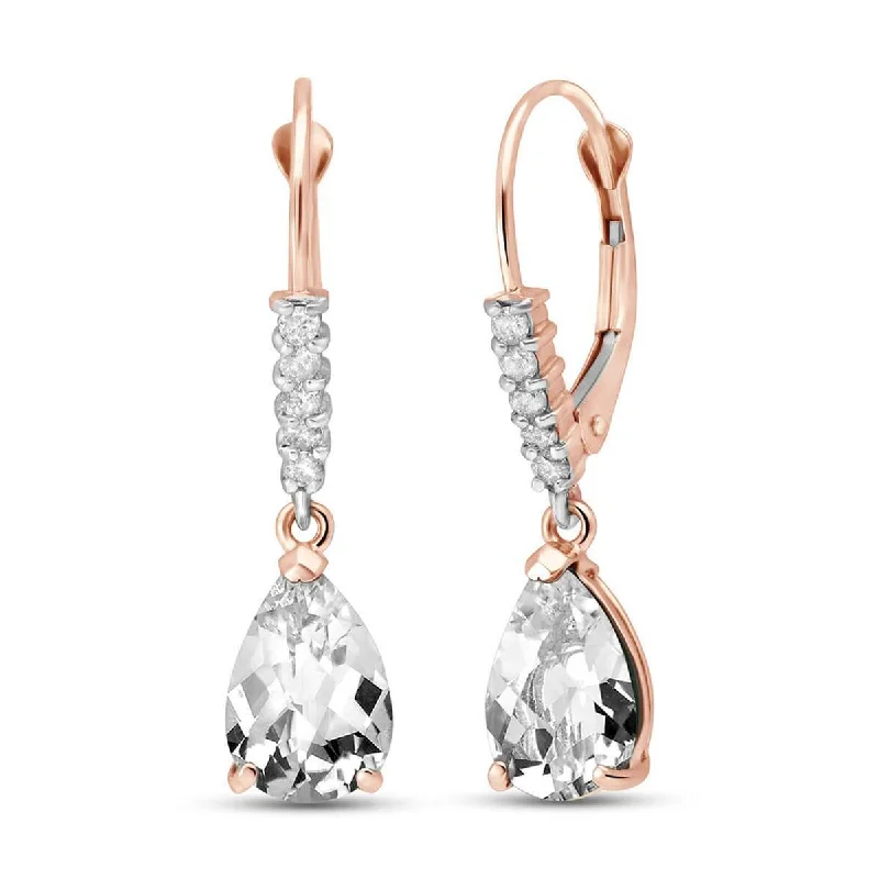 14K Solid Rose Gold Leverback Earrings Natural Diamond & Rose Topaz Certified