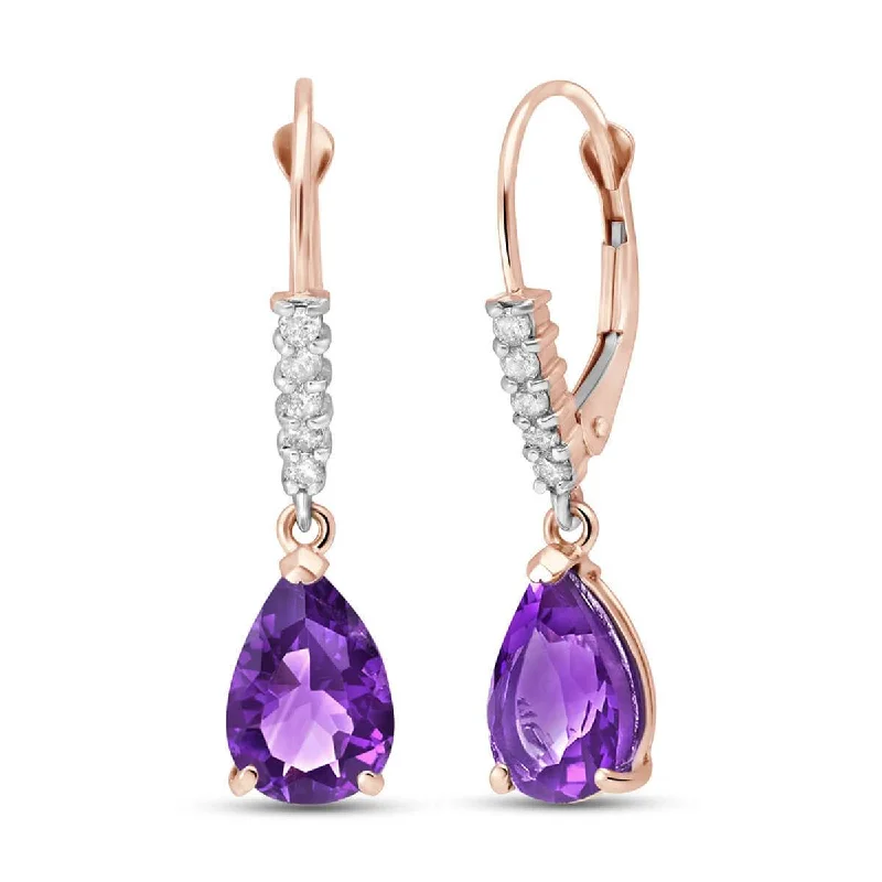 14K Solid Rose Gold Leverback Earrings w/ Natural Diamonds & Amethysts