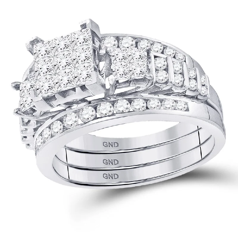 14kt White Gold Princess Diamond 3-Piece Bridal Wedding Ring Band Set 1-1/2 Cttw