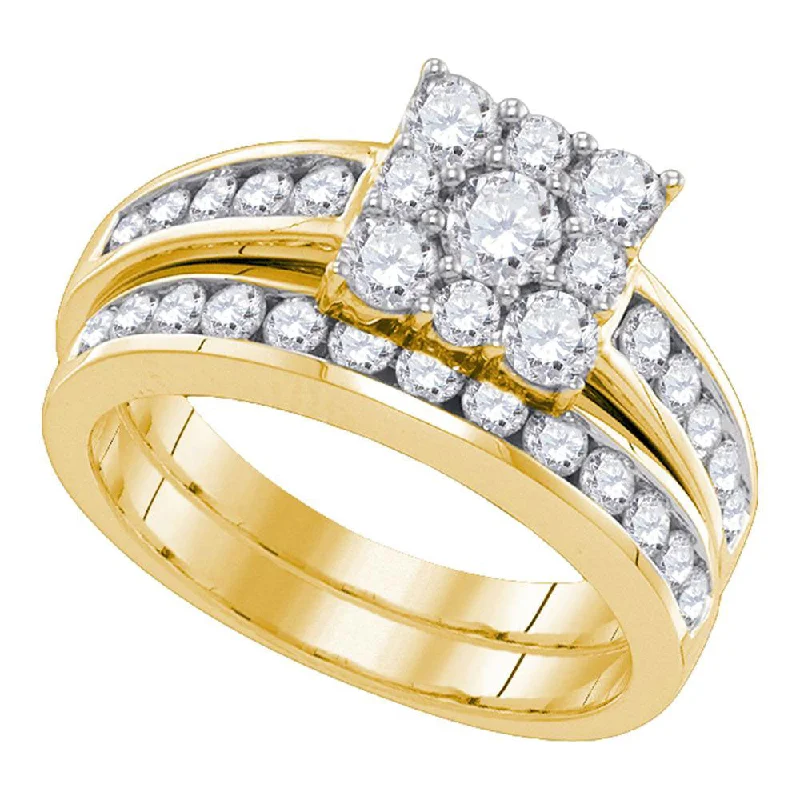 14kt Yellow Gold Round Diamond Halo Bridal Wedding Ring Band Set 1-1/2 Cttw