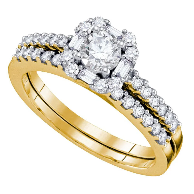 14kt Yellow Gold Round Diamond Slender Halo Bridal Wedding Ring Band Set 3/4 Cttw