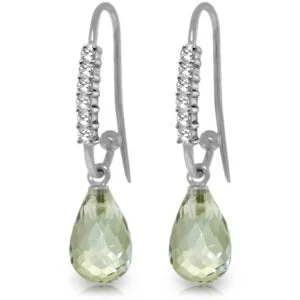 4.68 Carat 14K Solid White Gold Fish Hook Earrings Diamond Green Amethyst