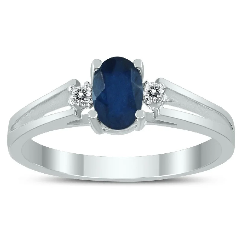 6X4MM Sapphire and Diamond Open Three Stone Ring in 10K White Gold