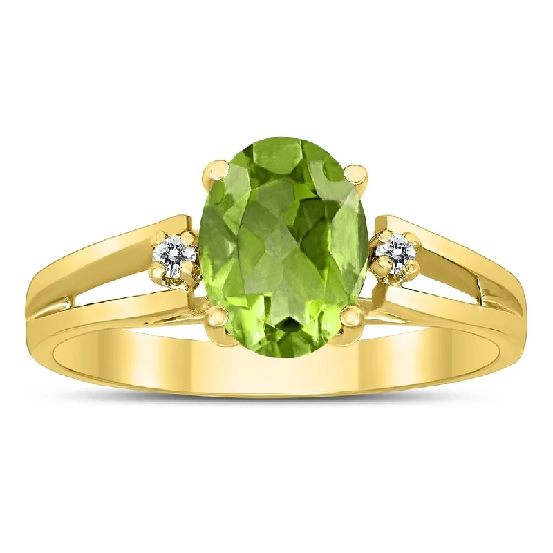 8X6MM Peridot and Diamond Open Three Stone Ring in 10K Yellow Gold