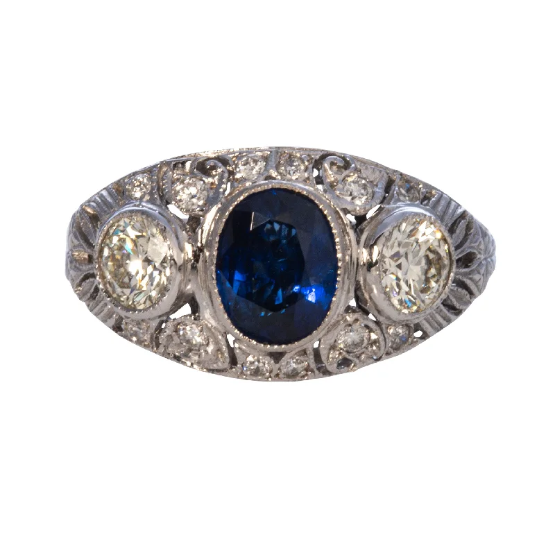 Art Deco Sapphire & Diamond Three Stone 18K Gold Dome Ring