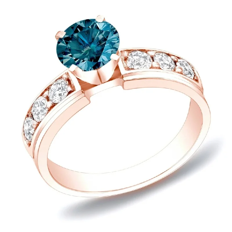 Auriya 14k Rose Gold 1 carat TW Round Blue Diamond Engagement Ring