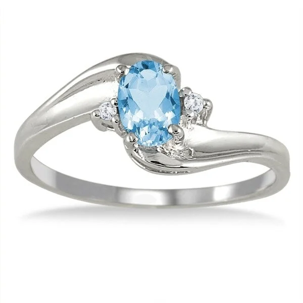 Blue Topaz Gemstone and Diamond Wave Ring 14k White Gold