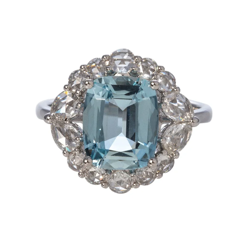 Cushion Aquamarine & Diamond 18K White Gold Ring