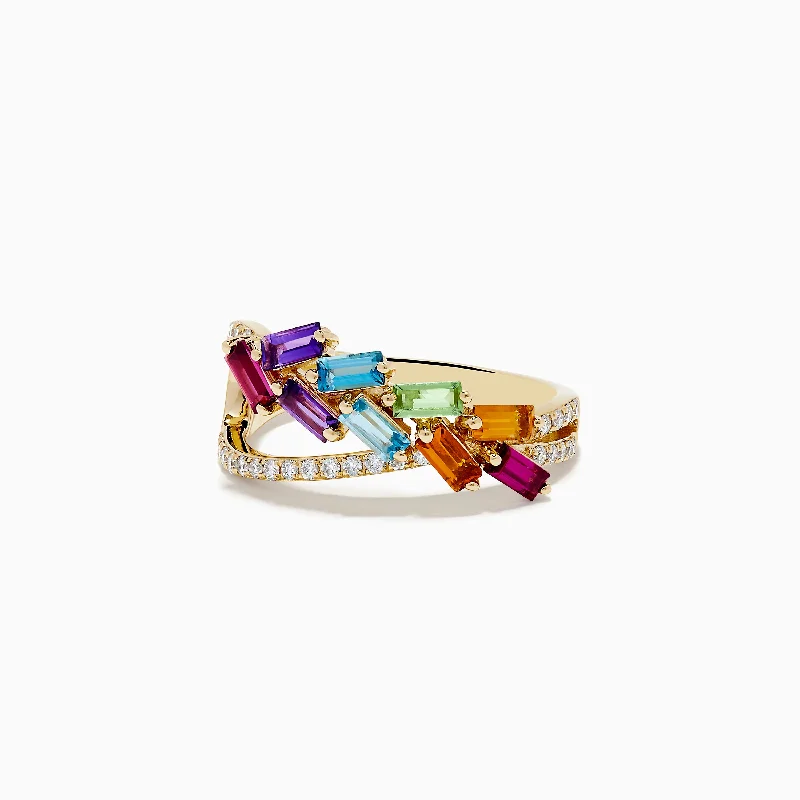 Mosaic Mix 14K Yellow Gold Stones and Diamond Crossover Ring