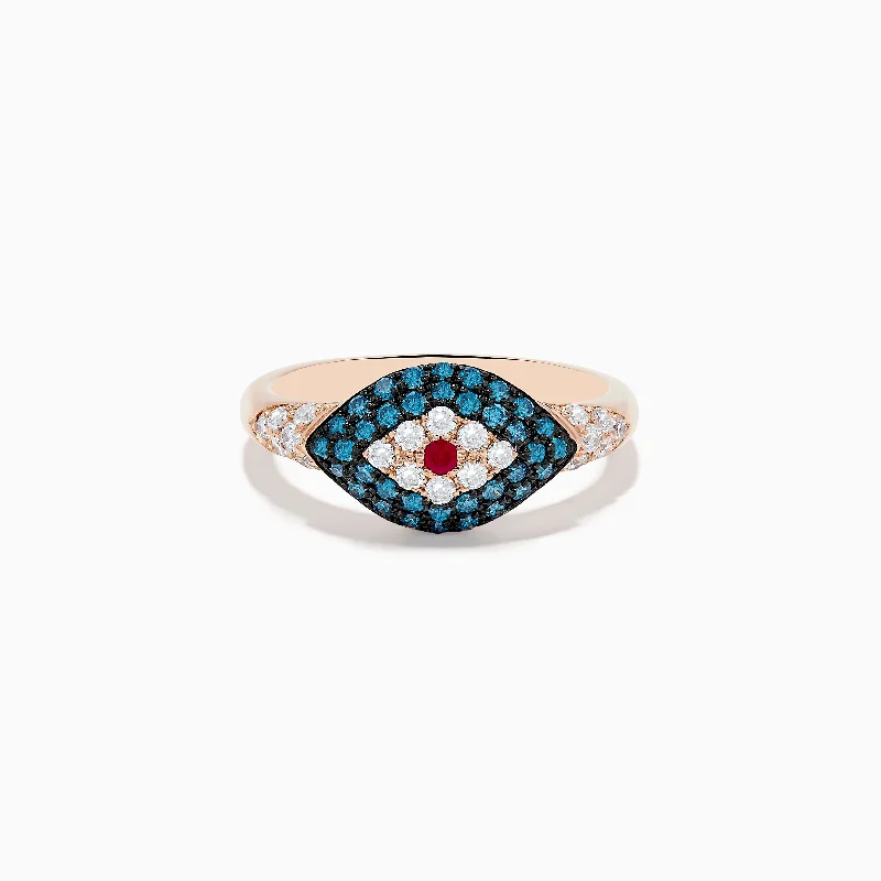 Novelty 14K Rose Gold Blue Diamond and Ruby Evil Eye Ring