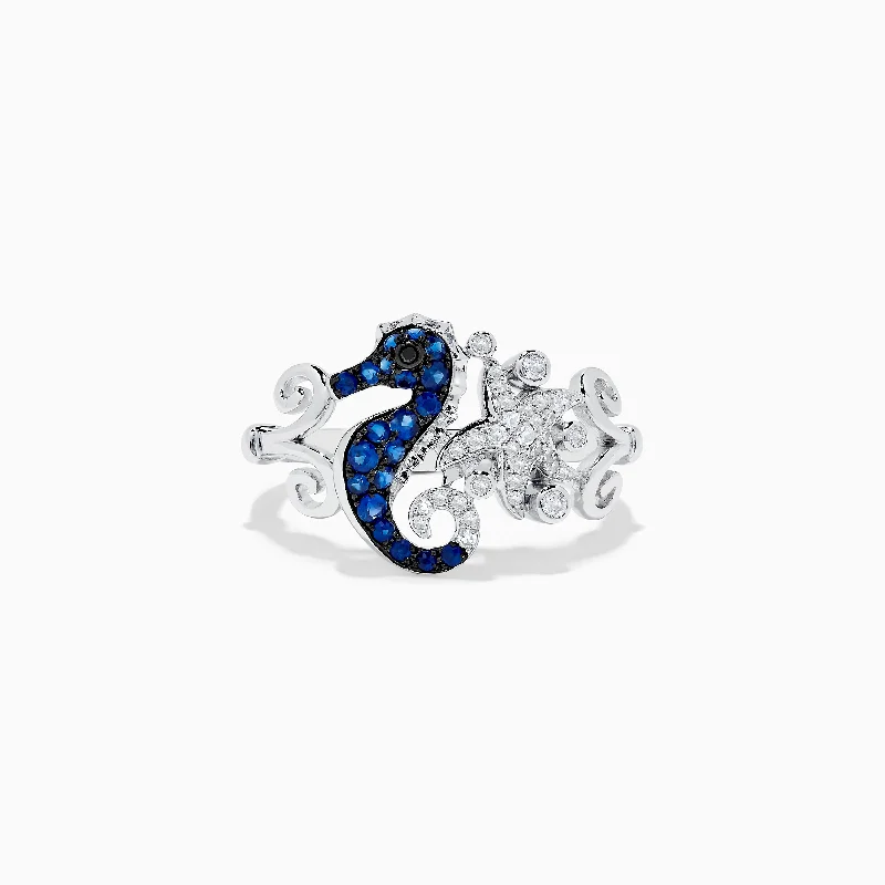 Seaside 14K White Gold Sapphire and Diamond Seahorse Ring