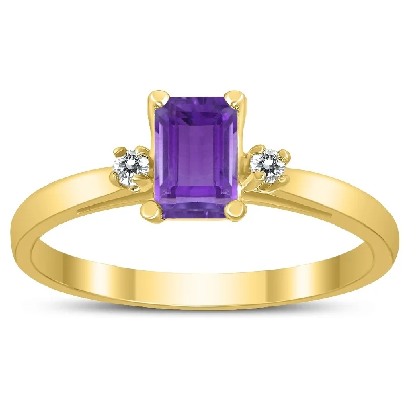 Emerald Cut 6X4MM Amethyst and Diamond Three Stone Ring in 10K Yellow Gold