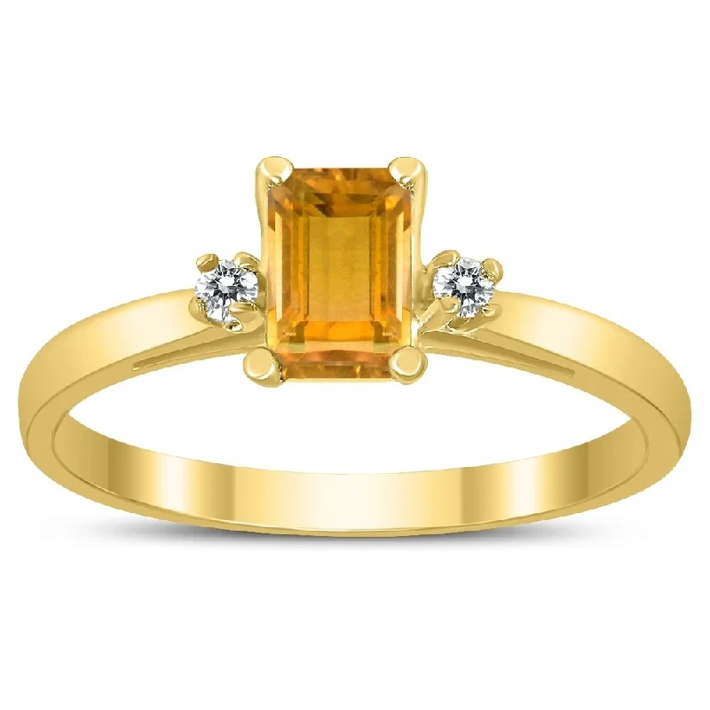 Emerald Cut 6X4MM Citrine and Diamond Three Stone Ring in 10K Yellow Gold