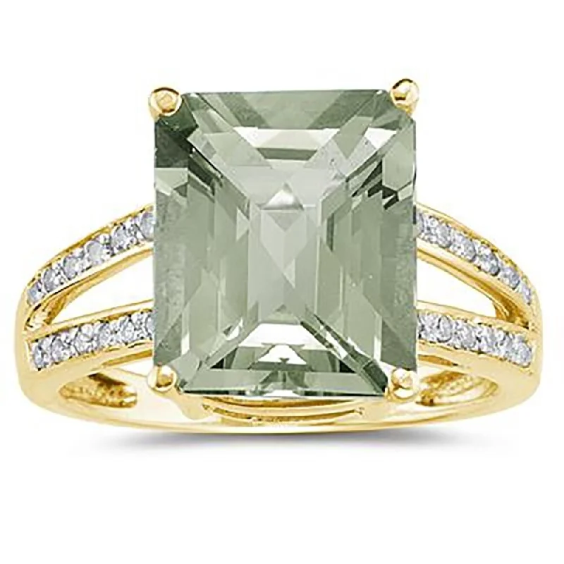 Emerald Cut Green Amethyst and Diamond Ring 10k Yellow Gold