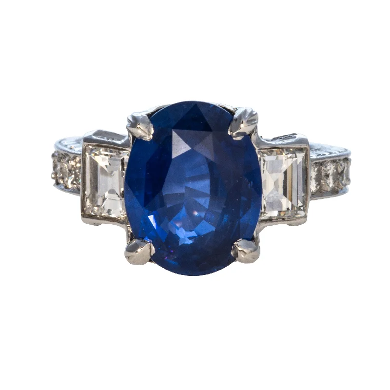 Estate 5ct Oval Sapphire, Baguette & Round Diamond Platinum Ring