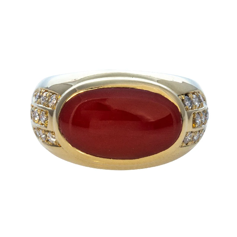 Estate Cabochon Coral & Diamond 18K Yellow Gold Ring