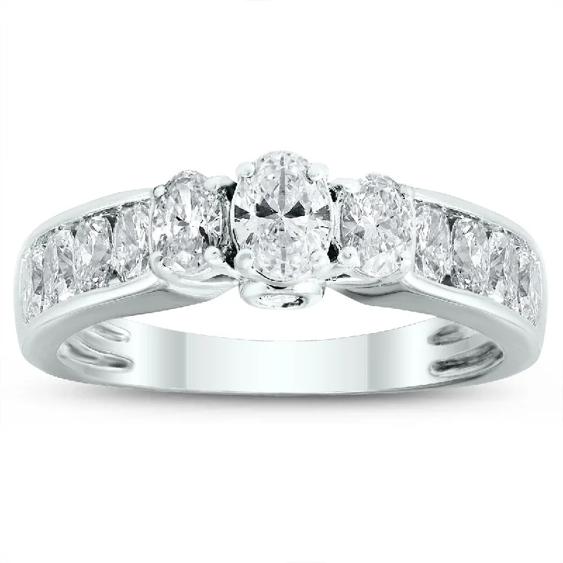 Marquee 1 1/2 Carat TW Oval Diamond Three Stone Ring in 14K White Gold