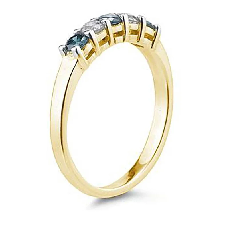 Marquee 5 Stone Blue and White Diamond Ring in 14K Yellow Gold