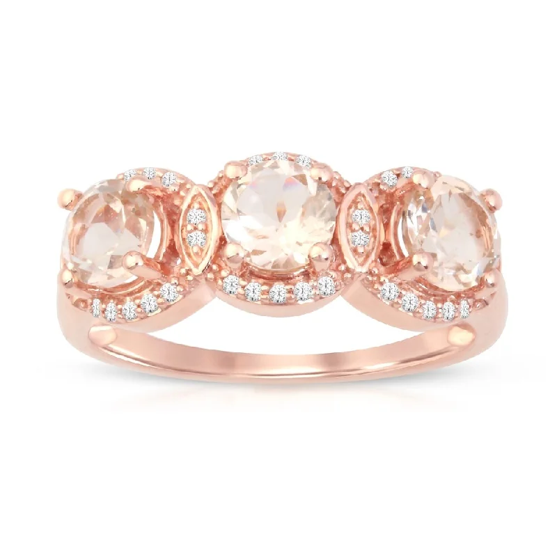 Morganite Gemstone 1/8ct TDW Diamond Three-Stone Halo Ring in Rose Gold Plated Silver