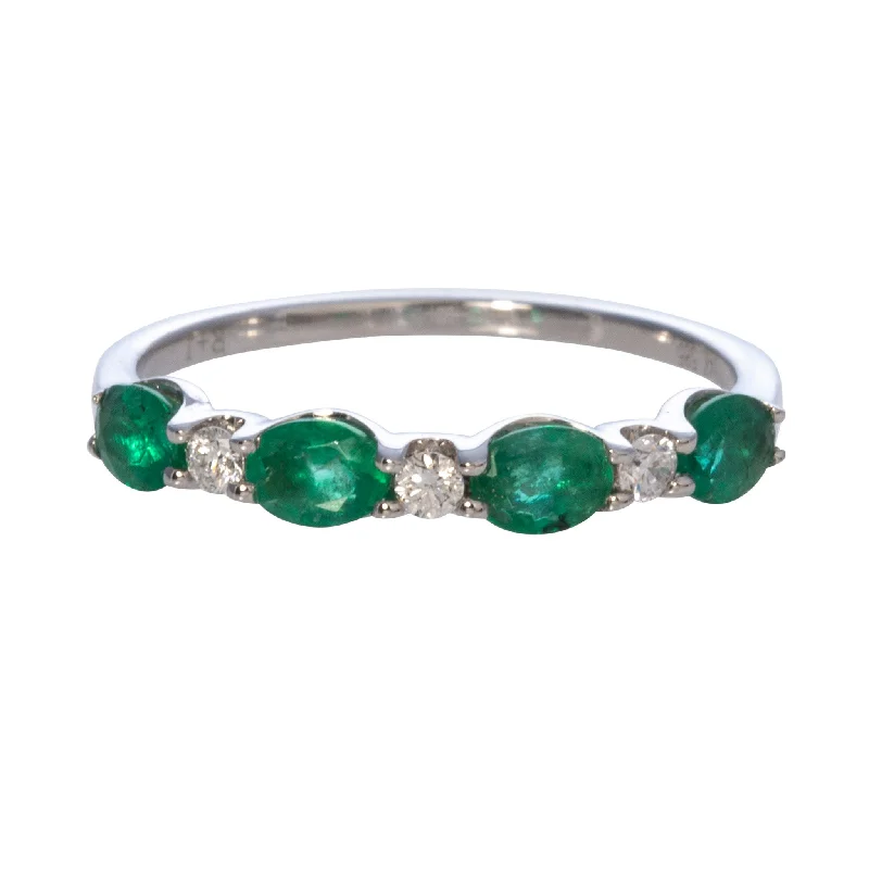 Oval Emerald & Round Diamond 14K White Gold Band