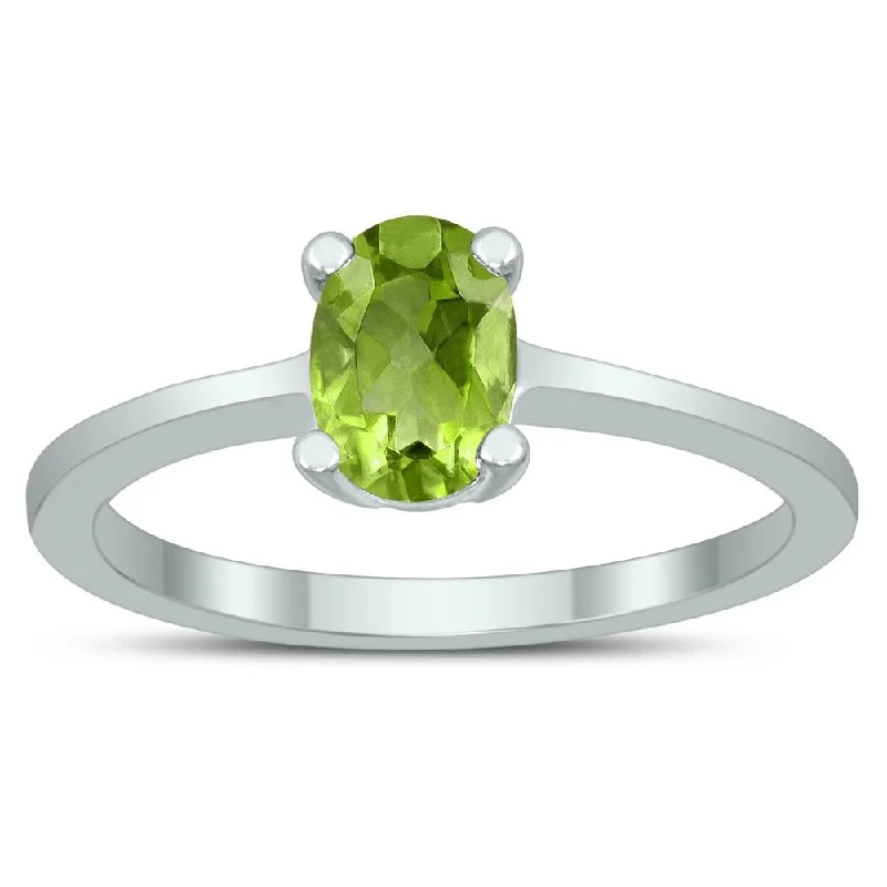 Oval Solitaire 7X5MM Peridot Ring in 10K White Gold