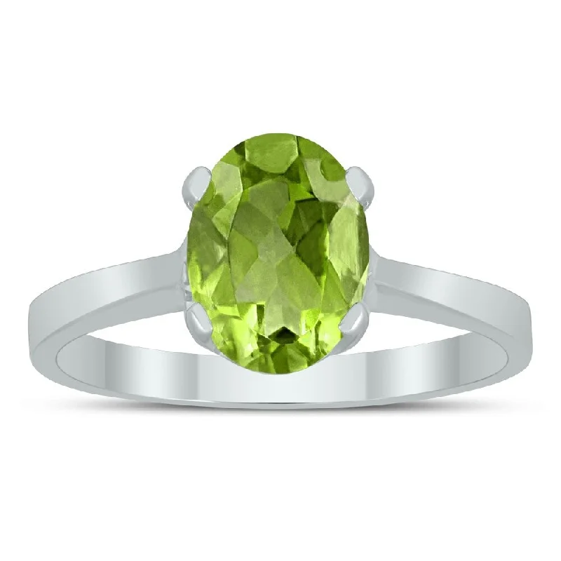 Oval Solitaire 8X6MM Peridot Ring in 10K White Gold