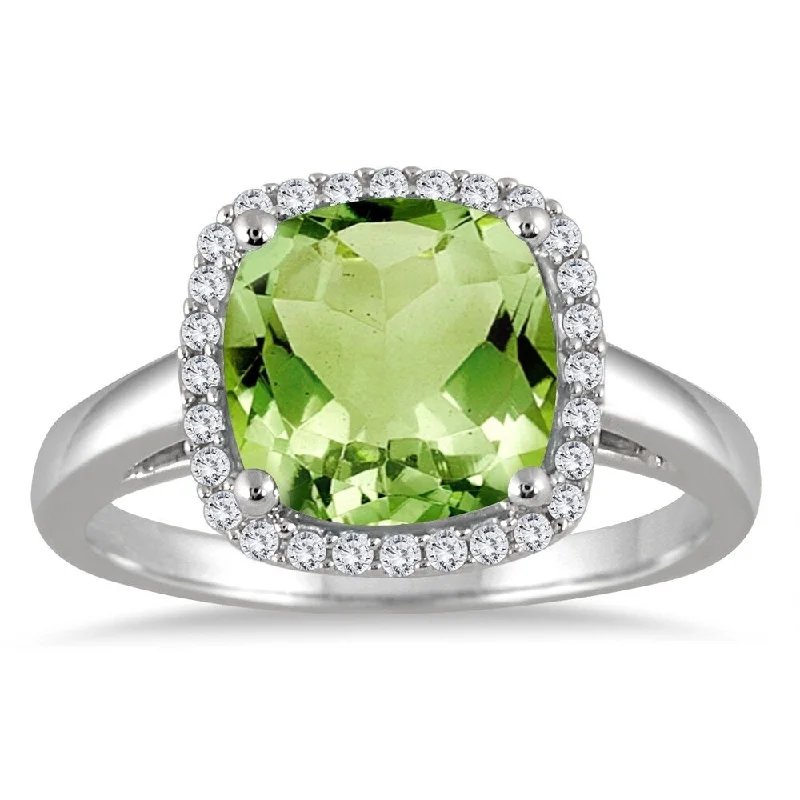 Peridot and Diamond Halo Ring in 10K White Gold