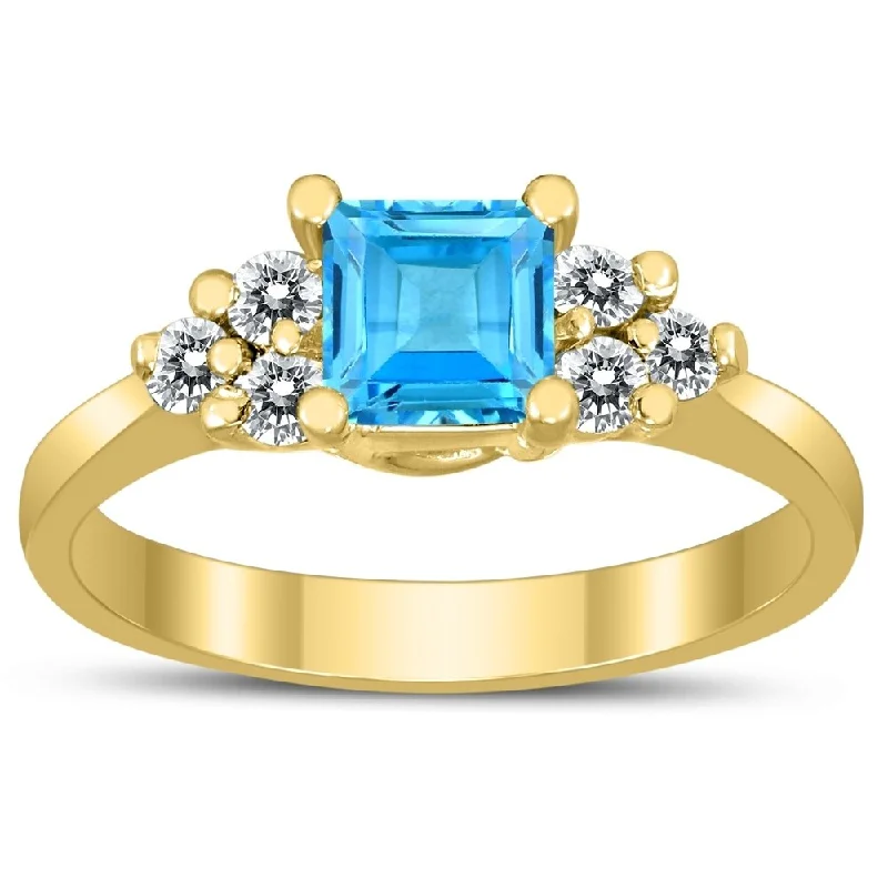 Princess Cut 5X5MM Blue Topaz and Diamond Duchess Ring in 10K Yellow Gold