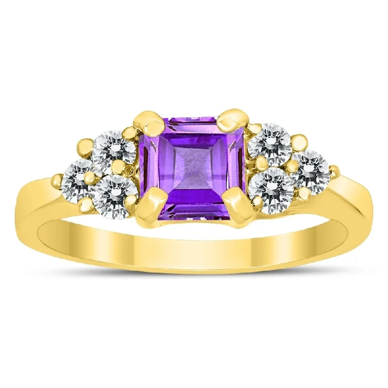 Princess Cut 6X6MM Amethyst and Diamond Duchess Ring in 10K Yellow Gold