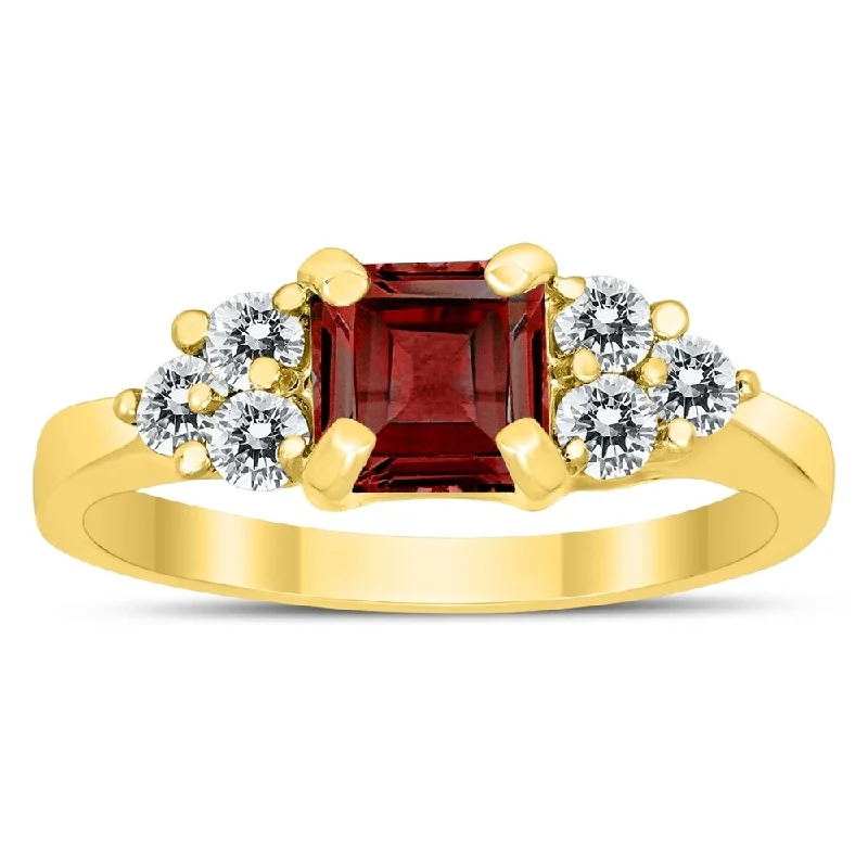 Princess Cut 6X6MM Garnet and Diamond Duchess Ring in 10K Yellow Gold