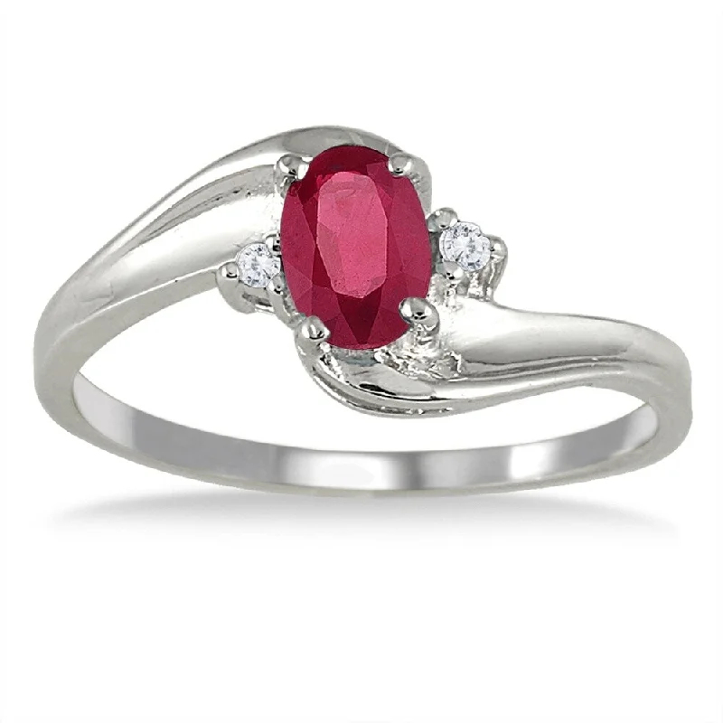 Ruby Gemstone and Diamond Wave Ring 14k White Gold