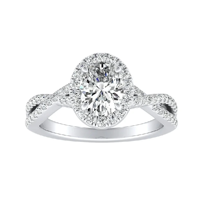 Twisted Oval-cut 1 1/3ctw Halo Diamond Engagement Ring 14k Gold by Auriya (I-J, I1-I2)