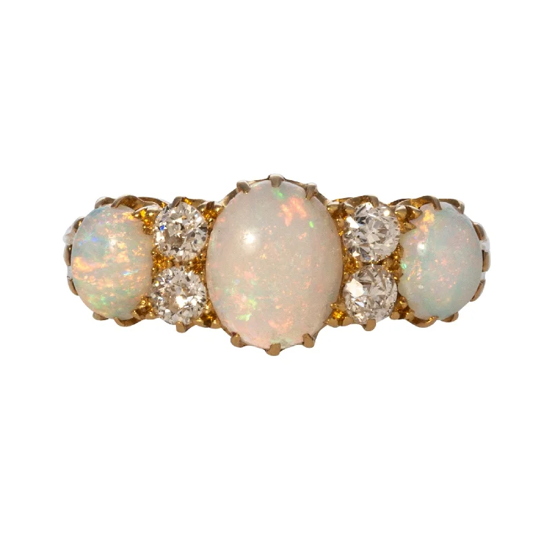 Victorian Three Stone Opal & Diamond 18K Yellow Gold Ring