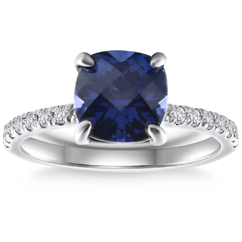 VS 2 1/3Ct TW Cushion Blue Sapphire & Diamond Ring in 14k White Gold