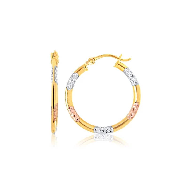 10k Tri-Color Gold Classic Hoop Earrings with Diamond Cut Details